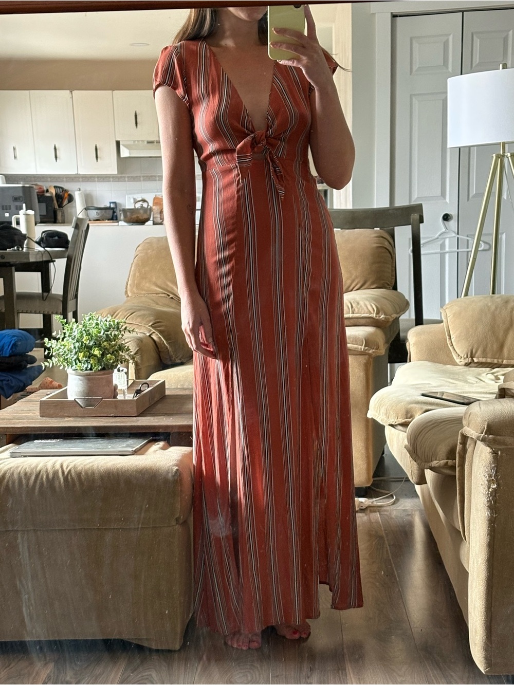 Rust Stripe Tie-Front Maxi Dress